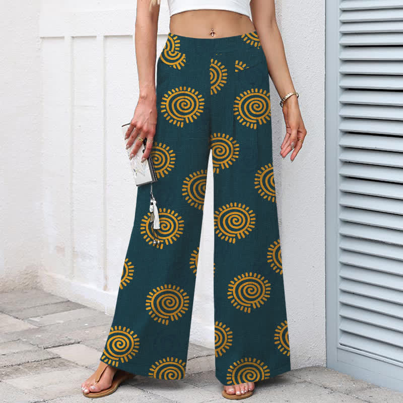 Buddha Stones Pantalon large en coton et lin à motif spirale soleil pour femme, taille élastique et poches - image 6