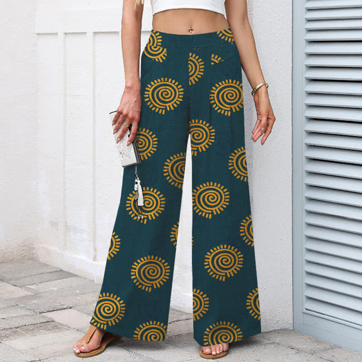 Buddha Stones Pantalon large en coton et lin à motif spirale soleil pour femme, taille élastique et poches - image 6