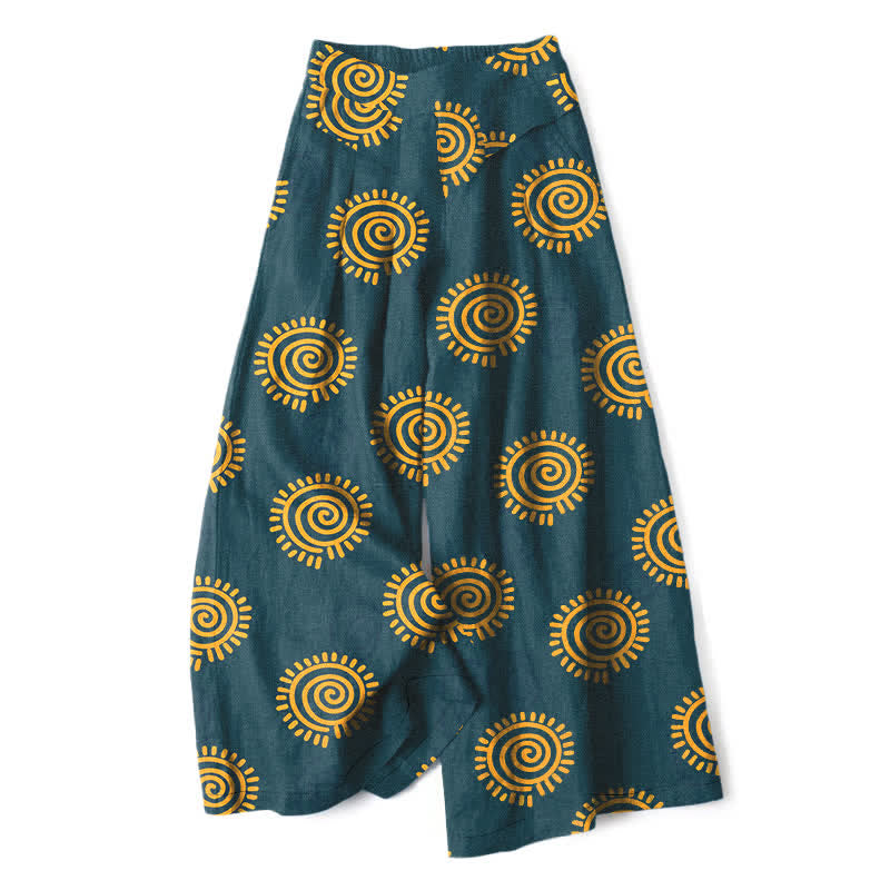 Buddha Stones Pantalon large en coton et lin à motif spirale soleil pour femme, taille élastique et poches - Sarcelle - US16，UK/AU20，EU48 (3XL) - image 5