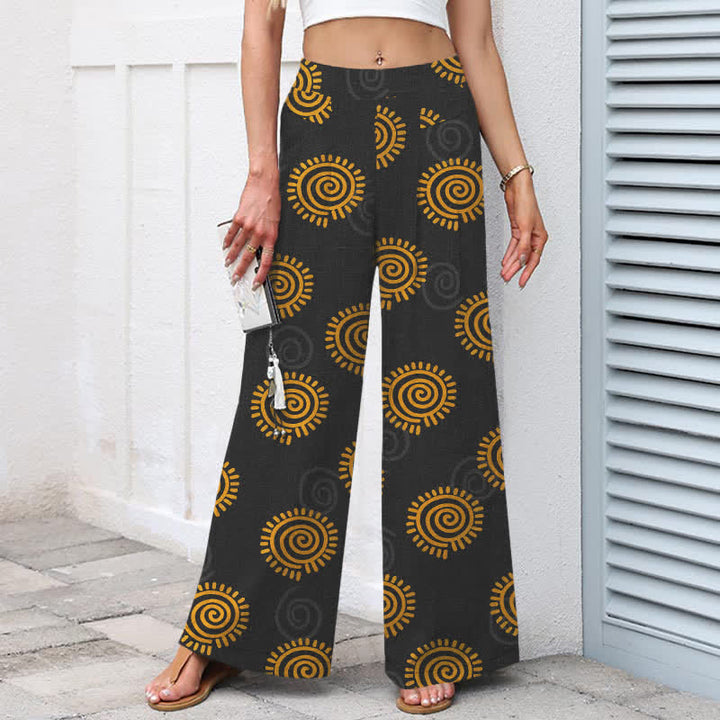 Buddha Stones Pantalon large en coton et lin à motif spirale soleil pour femme, taille élastique et poches - image 8