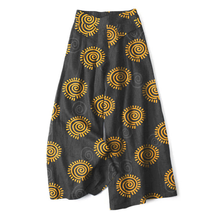 Buddha Stones Pantalon large en coton et lin à motif spirale soleil pour femme, taille élastique et poches - Noir - US16，UK/AU20，EU48 (3XL) - image 7