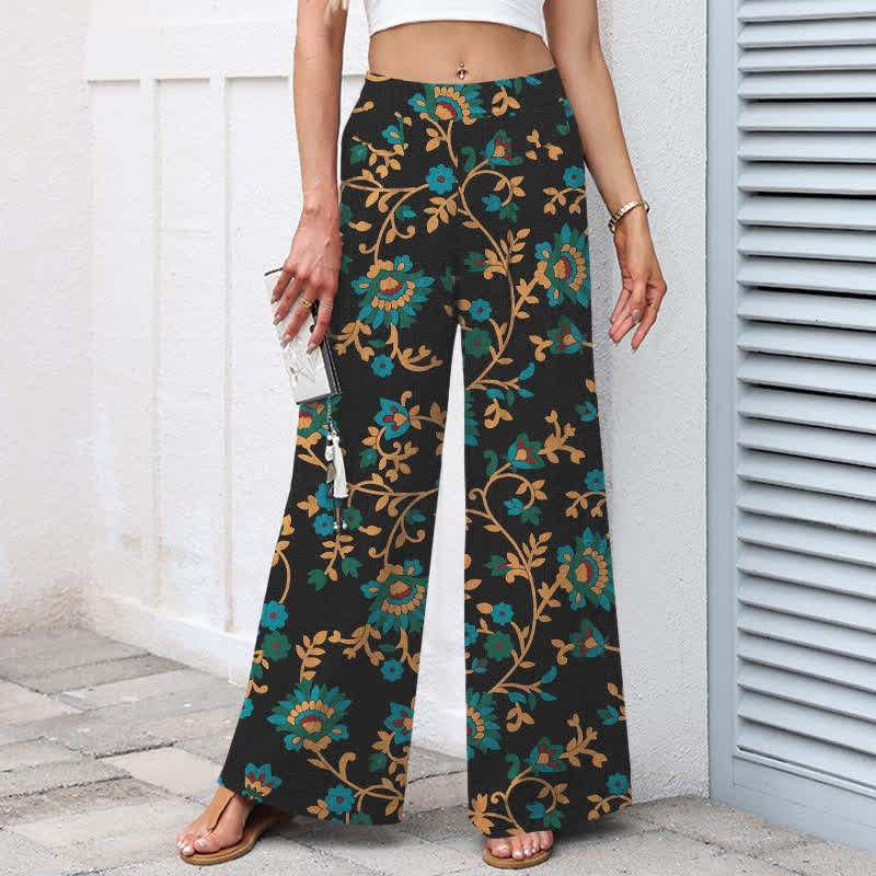 Buddha Stones Pantalon large à taille élastique et poches pour femme, en coton et lin, motif floral turquoise. - image 1