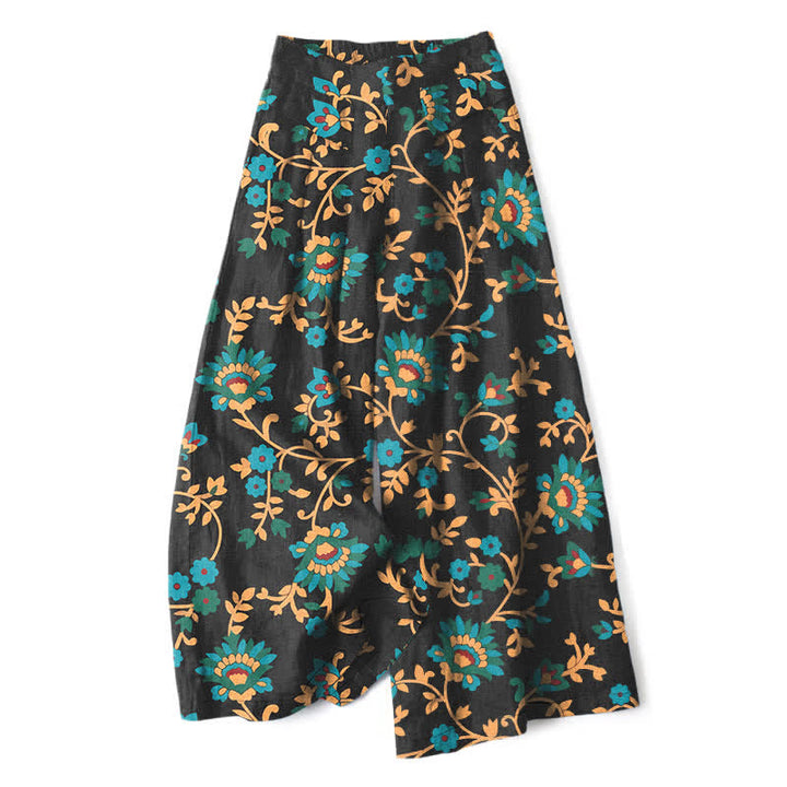 Buddha Stones Pantalon large à taille élastique et poches pour femme, en coton et lin, motif floral turquoise. - Noir - US16，UK/AU20，EU48 (3XL) - image 0