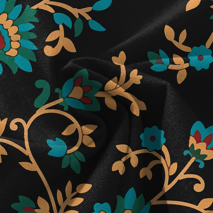 Buddha Stones Pantalon large à taille élastique et poches pour femme, en coton et lin, motif floral turquoise. - image 4