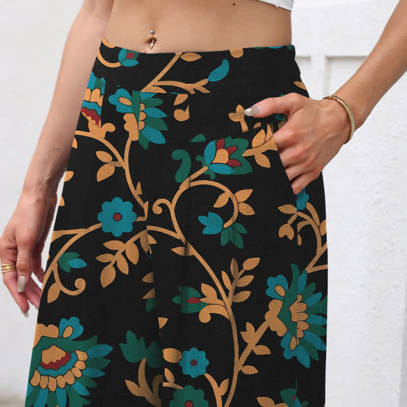 Buddha Stones Pantalon large à taille élastique et poches pour femme, en coton et lin, motif floral turquoise. - image 2