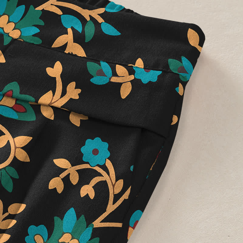 Buddha Stones Pantalon large à taille élastique et poches pour femme, en coton et lin, motif floral turquoise. - image 3