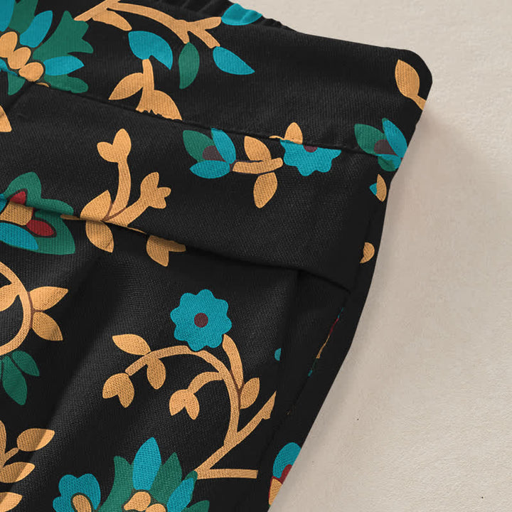 Buddha Stones Pantalon large à taille élastique et poches pour femme, en coton et lin, motif floral turquoise. - image 3