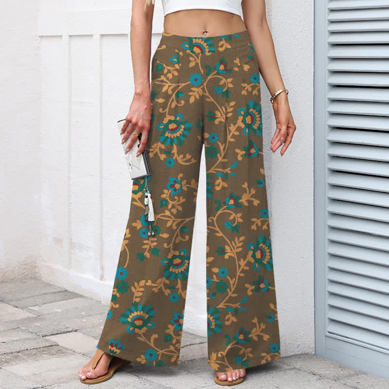 Buddha Stones Pantalon large à taille élastique et poches pour femme, en coton et lin, motif floral turquoise. - image 6