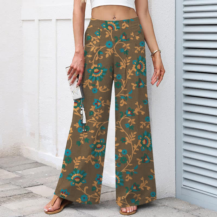 Buddha Stones Pantalon large à taille élastique et poches pour femme, en coton et lin, motif floral turquoise. - image 6