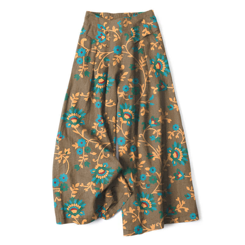 Buddha Stones Pantalon large à taille élastique et poches pour femme, en coton et lin, motif floral turquoise. - Kaki foncé - US16，UK/AU20，EU48 (3XL) - image 5