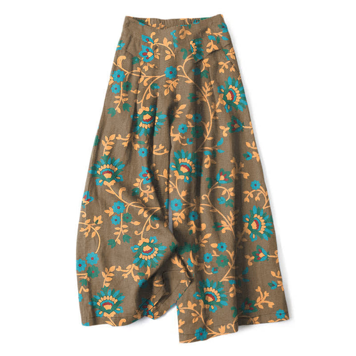 Buddha Stones Pantalon large à taille élastique et poches pour femme, en coton et lin, motif floral turquoise. - Kaki foncé - US16，UK/AU20，EU48 (3XL) - image 5