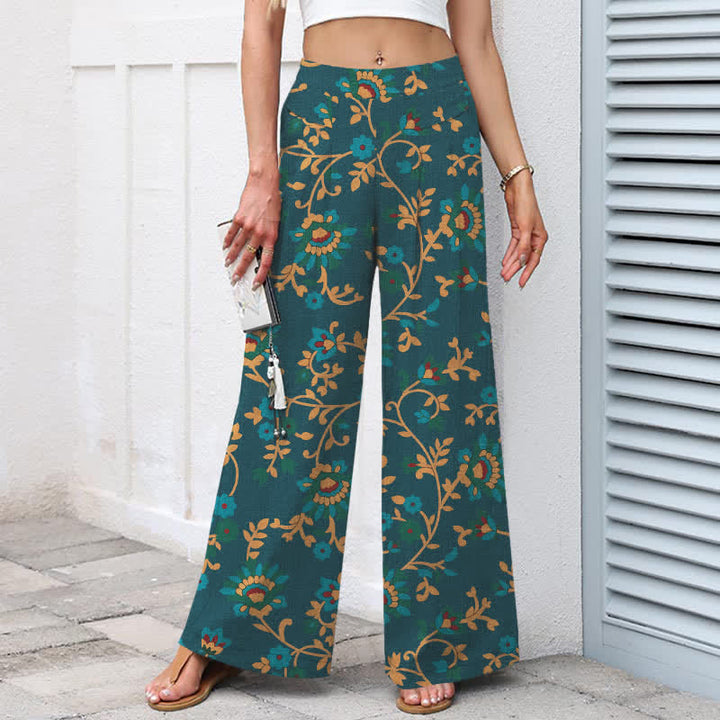 Buddha Stones Pantalon large à taille élastique et poches pour femme, en coton et lin, motif floral turquoise. - image 8