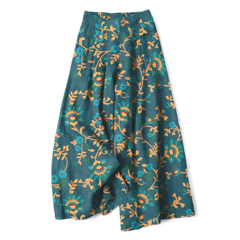 Buddha Stones Pantalon large à taille élastique et poches pour femme, en coton et lin, motif floral turquoise. - Sarcelle - US16，UK/AU20，EU48 (3XL) - image 7