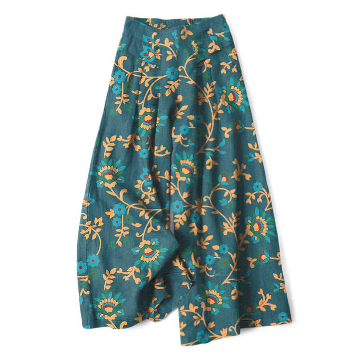 Buddha Stones Pantalon large à taille élastique et poches pour femme, en coton et lin, motif floral turquoise. - Sarcelle - US16，UK/AU20，EU48 (3XL) - image 7