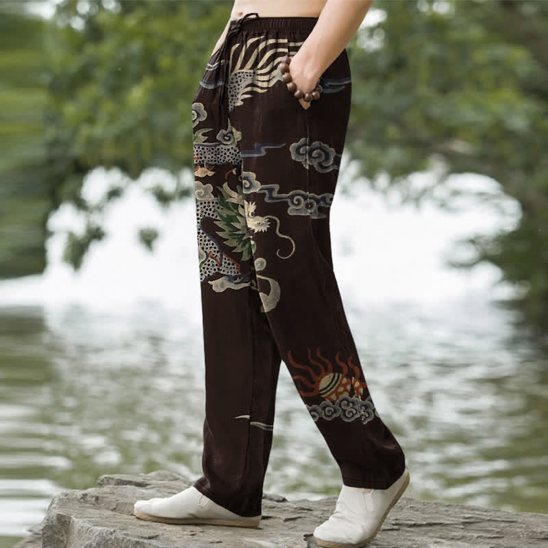 Buddha Stones Pantalon fuselé pour homme en coton à motif nuage de dragon, avec poches - image 1