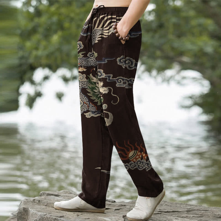Buddha Stones Pantalon fuselé pour homme en coton à motif nuage de dragon, avec poches - image 1