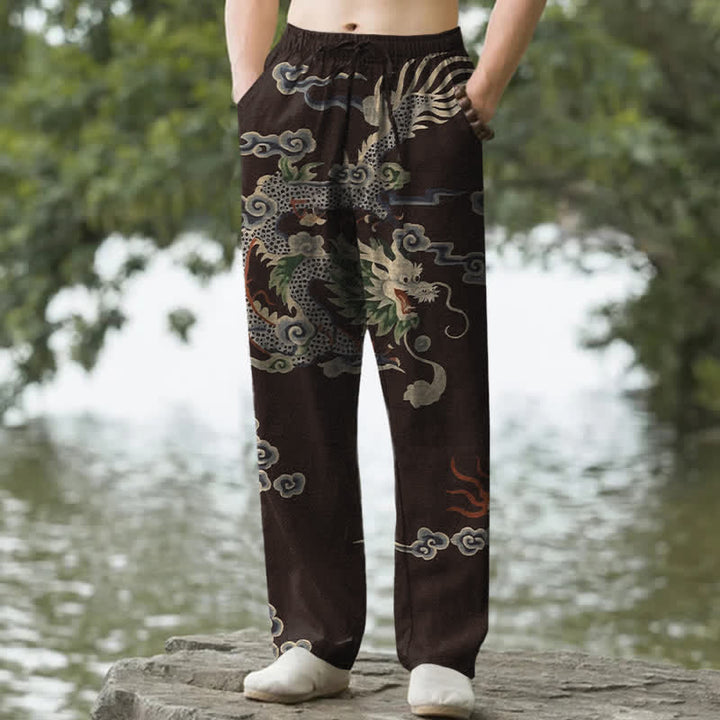 Buddha Stones Pantalon fuselé pour homme en coton à motif nuage de dragon, avec poches - SaddleBrown - US/UK/AU50，EU60 (5XL) - image 0