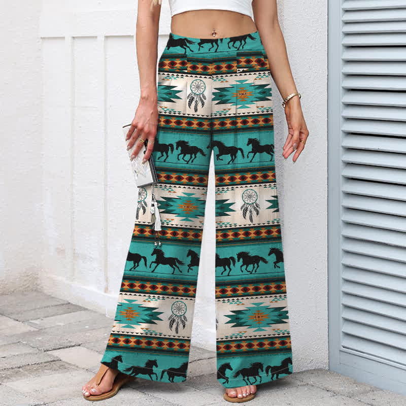 Buddha Stones Pantalon large en coton et lin à motif attrape-rêves et cheval, avec poches et taille élastique - image 1