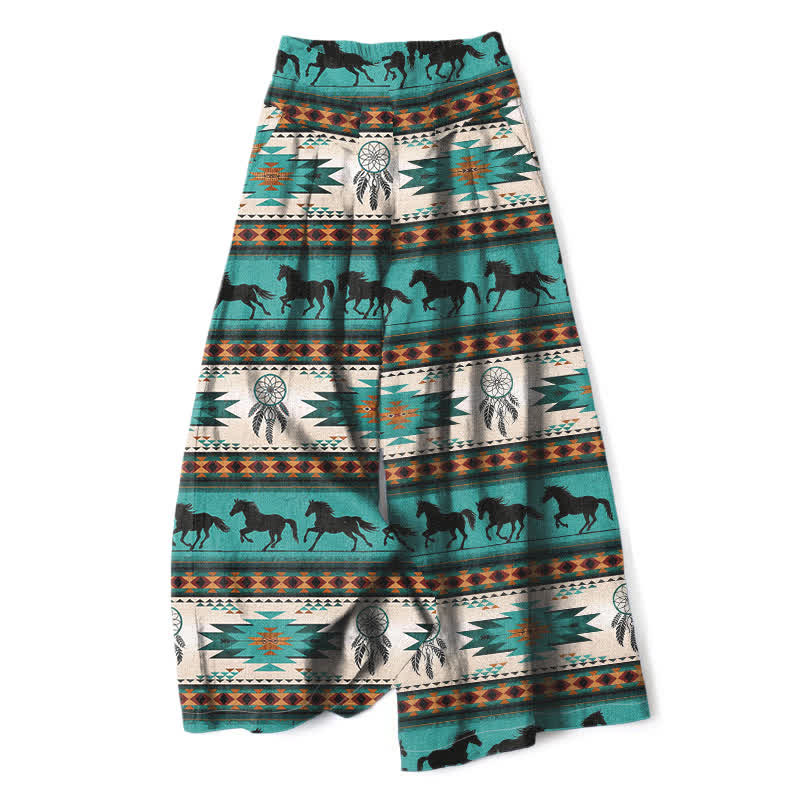 Buddha Stones Pantalon large en coton et lin à motif attrape-rêves et cheval, avec poches et taille élastique - Turquoise - US16，UK/AU20，EU48 (3XL) - image 0