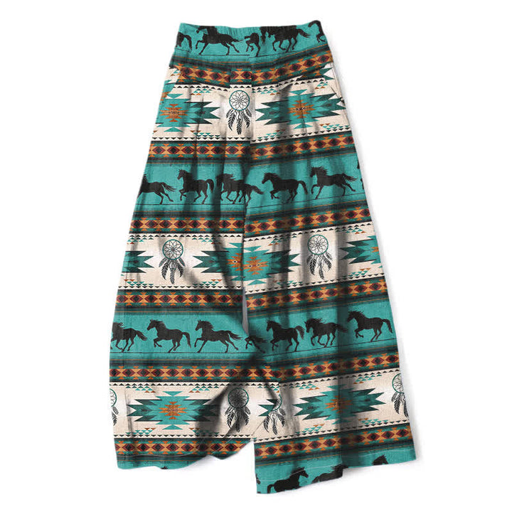 Buddha Stones Pantalon large en coton et lin à motif attrape-rêves et cheval, avec poches et taille élastique - Turquoise - US16，UK/AU20，EU48 (3XL) - image 0