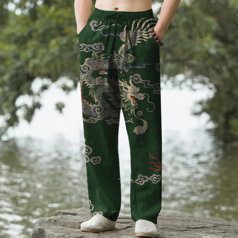 Buddha Stones Pantalon fuselé pour homme en coton à motif nuage de dragon, avec poches - Vert foncé - US/UK/AU50，EU60 (5XL) - image 4