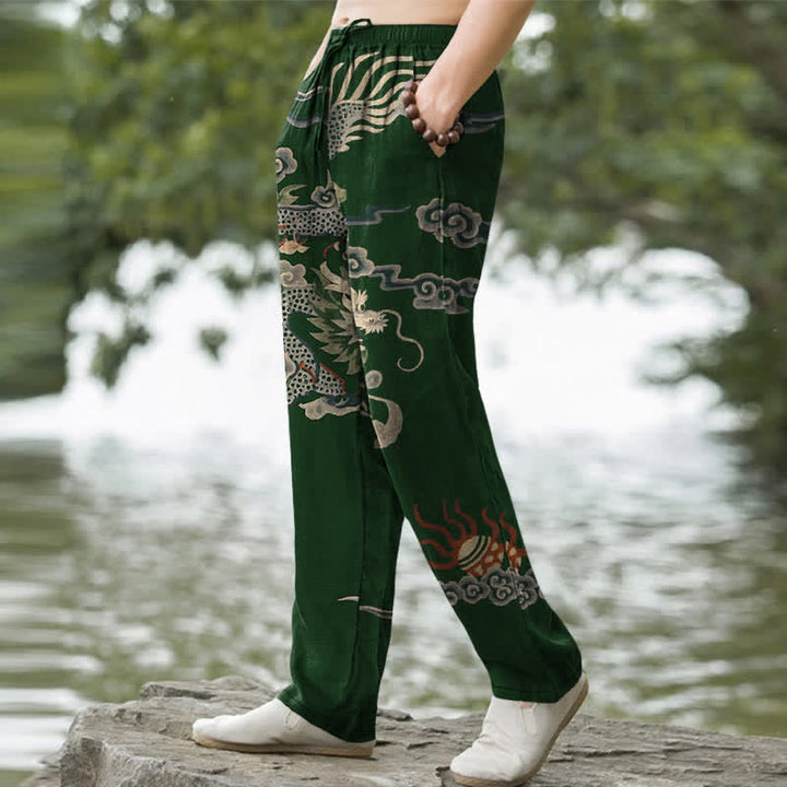 Buddha Stones Pantalon fuselé pour homme en coton à motif nuage de dragon, avec poches - image 5