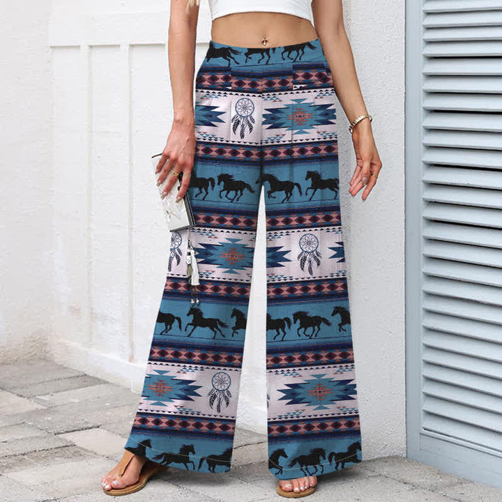 Buddha Stones Pantalon large en coton et lin à motif attrape-rêves et cheval, avec poches et taille élastique - image 6