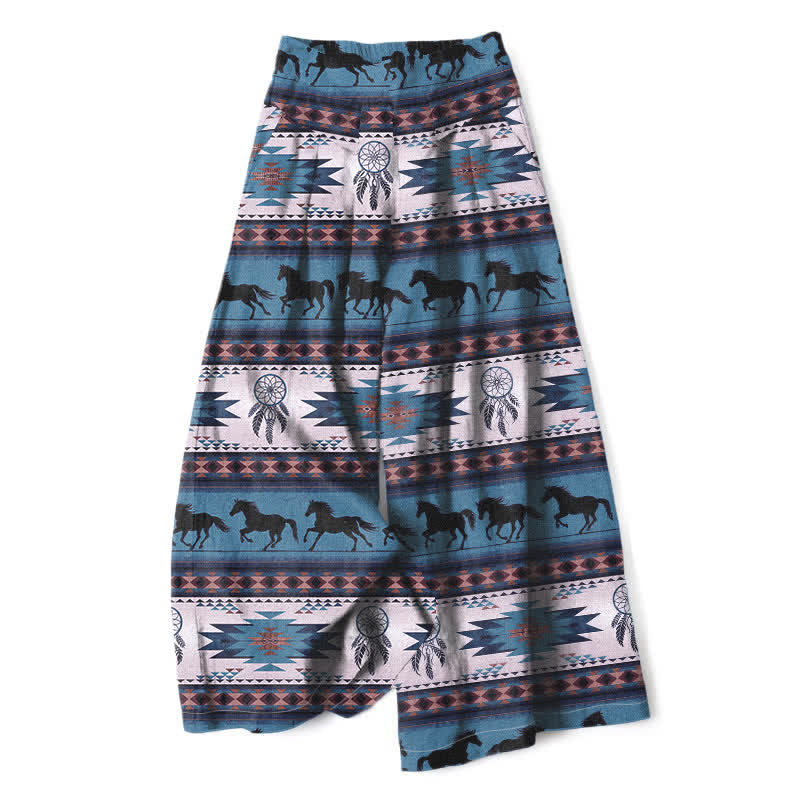 Buddha Stones Pantalon large en coton et lin à motif attrape-rêves et cheval, avec poches et taille élastique - Bleu ciel profond - US16，UK/AU20，EU48 (3XL) - image 5