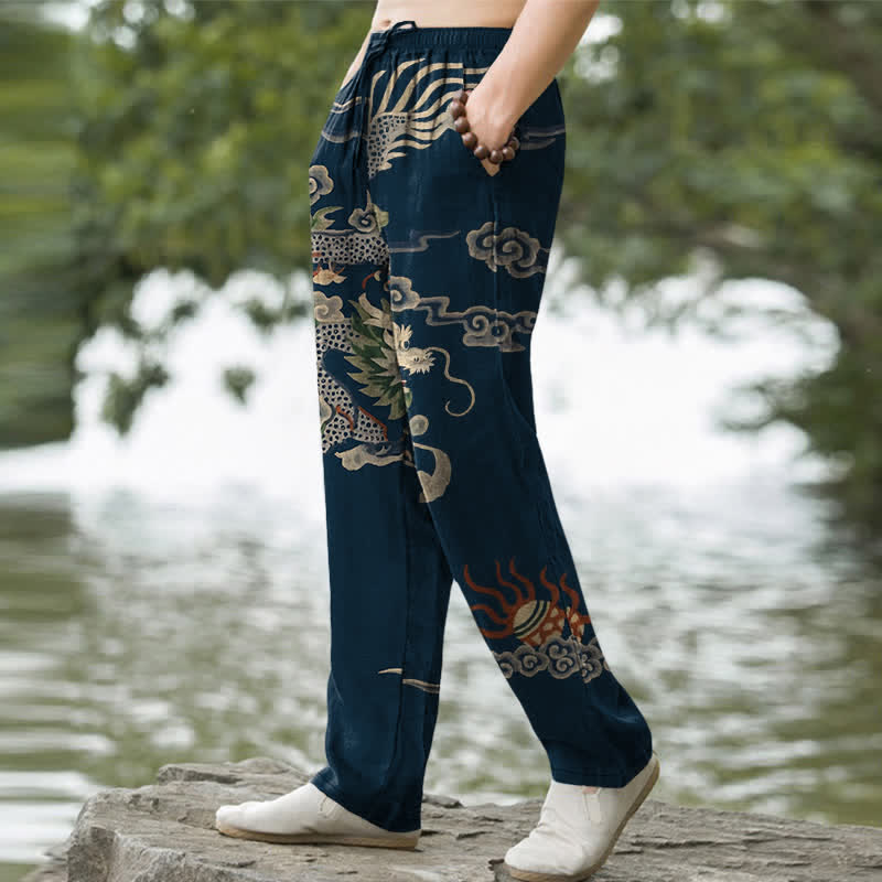 Buddha Stones Pantalon fuselé pour homme en coton à motif nuage de dragon, avec poches - image 7