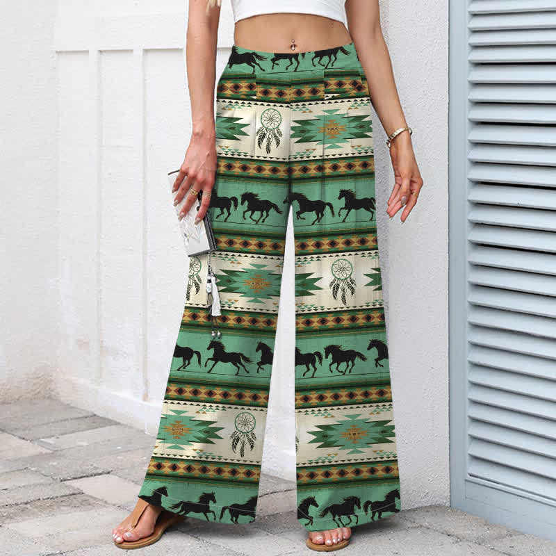 Buddha Stones Pantalon large en coton et lin à motif attrape-rêves et cheval, avec poches et taille élastique - image 8