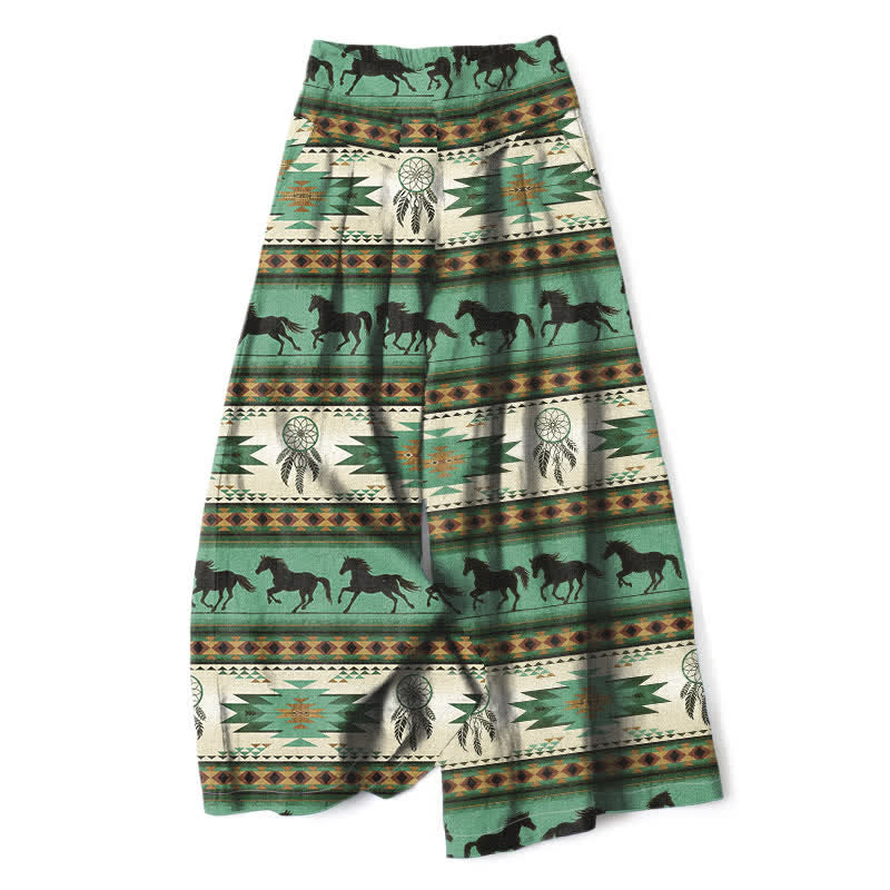 Buddha Stones Pantalon large en coton et lin à motif attrape-rêves et cheval, avec poches et taille élastique - Vert mer moyen - US16，UK/AU20，EU48 (3XL) - image 7