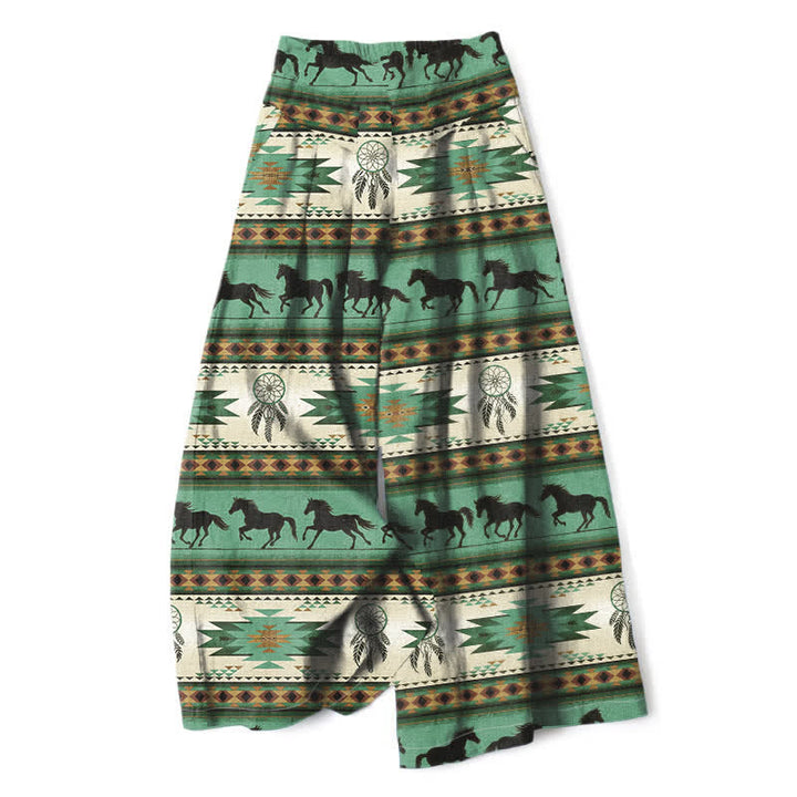 Buddha Stones Pantalon large en coton et lin à motif attrape-rêves et cheval, avec poches et taille élastique - Vert mer moyen - US16，UK/AU20，EU48 (3XL) - image 7