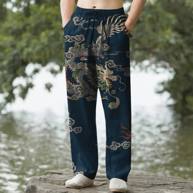 Buddha Stones Pantalon fuselé pour homme en coton à motif nuage de dragon, avec poches - Marine - US/UK/AU50，EU60 (5XL) - image 6