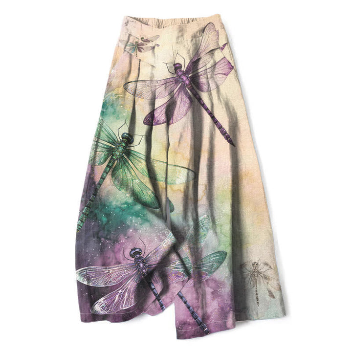 Buddha Stones Pantalon large pour femme en coton et lin, motif libellule aquarelle, taille élastique et poches - Lin - US16，UK/AU20，EU48 (3XL) - image 0