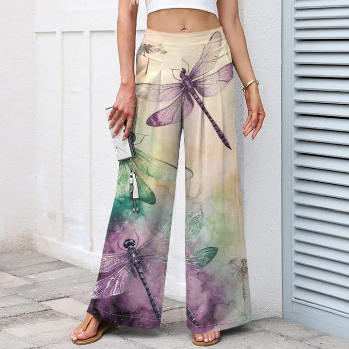 Buddha Stones Pantalon large pour femme en coton et lin, motif libellule aquarelle, taille élastique et poches - image 1