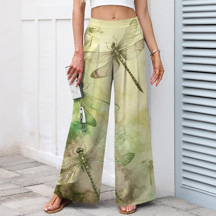 Buddha Stones Pantalon large pour femme en coton et lin, motif libellule aquarelle, taille élastique et poches - image 6