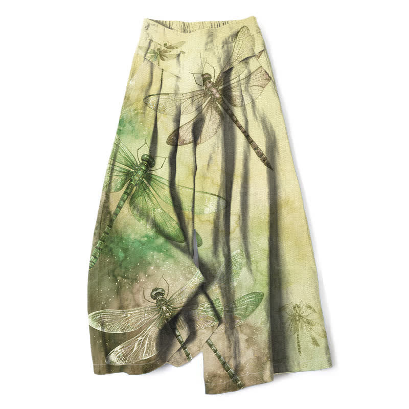 Buddha Stones Pantalon large pour femme en coton et lin, motif libellule aquarelle, taille élastique et poches - Kaki - US16，UK/AU20，EU48 (3XL) - image 5