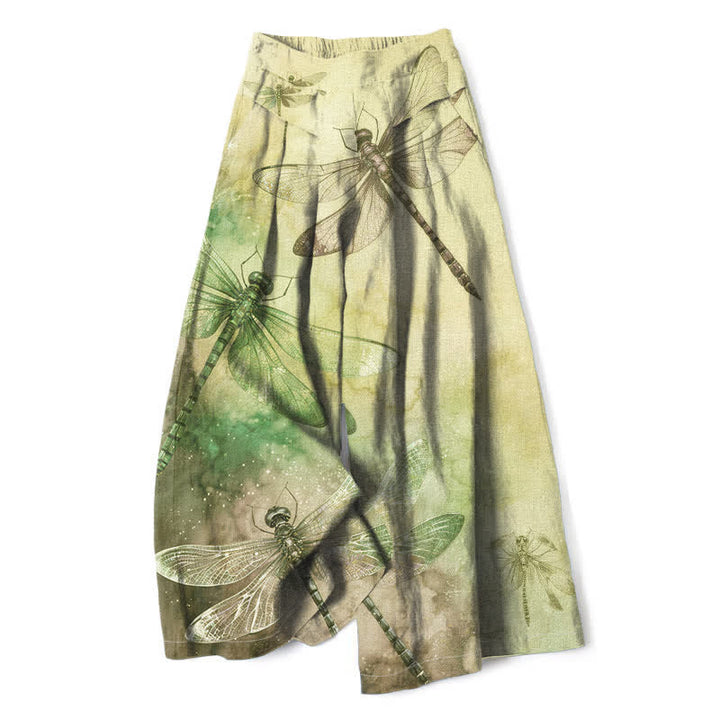Buddha Stones Pantalon large pour femme en coton et lin, motif libellule aquarelle, taille élastique et poches - Kaki - US16，UK/AU20，EU48 (3XL) - image 5