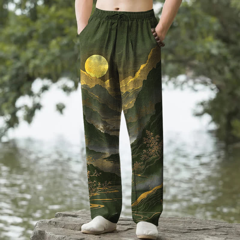 Buddha Stones Pantalon fuselé pour homme en coton, motif Montagne Dorée au Lever du Soleil, avec poches - Vert olive foncé - US/UK/AU50，EU60 (5XL) - image 0