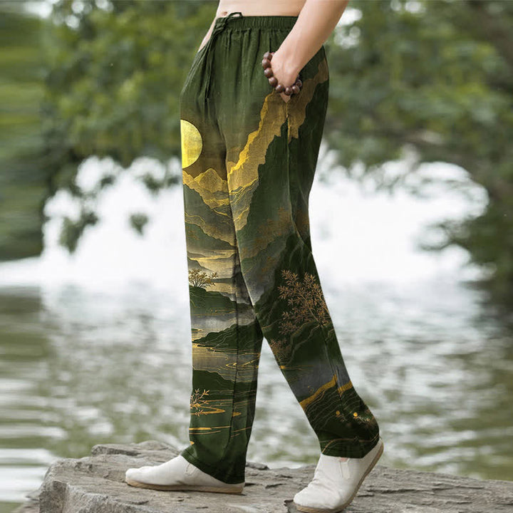 Buddha Stones Pantalon fuselé pour homme en coton, motif Montagne Dorée au Lever du Soleil, avec poches - image 1
