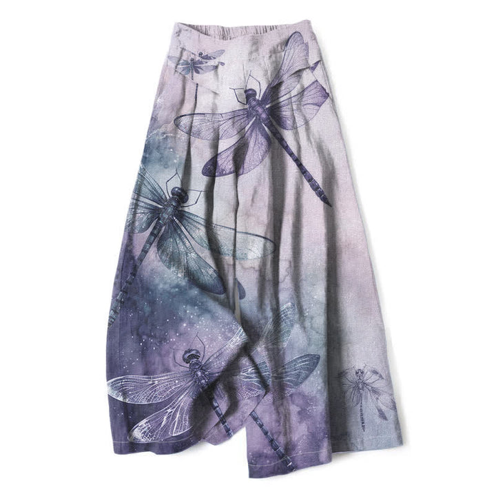Buddha Stones Pantalon large pour femme en coton et lin, motif libellule aquarelle, taille élastique et poches - Lavande - US16，UK/AU20，EU48 (3XL) - image 7