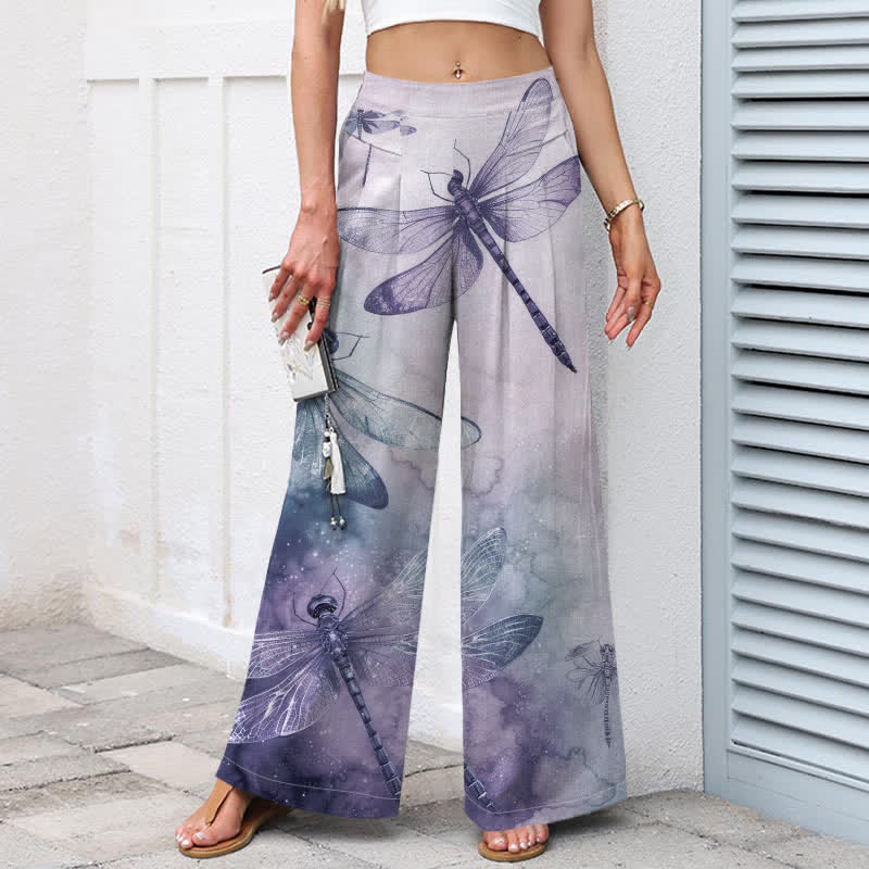 Buddha Stones Pantalon large pour femme en coton et lin, motif libellule aquarelle, taille élastique et poches - image 8