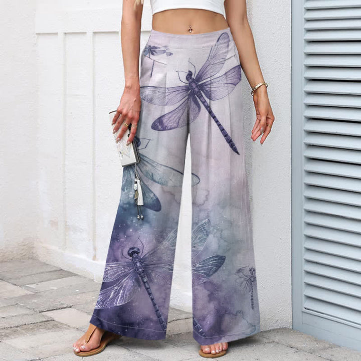 Buddha Stones Pantalon large pour femme en coton et lin, motif libellule aquarelle, taille élastique et poches - image 8
