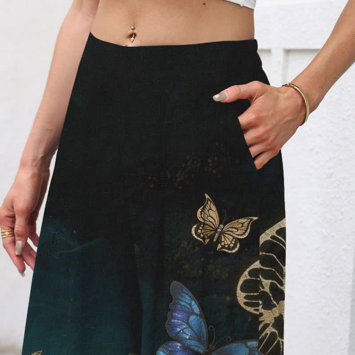 Buddha Stones Pantalon large à taille élastique et poches pour femme, en coton et lin, motif papillon - image 2