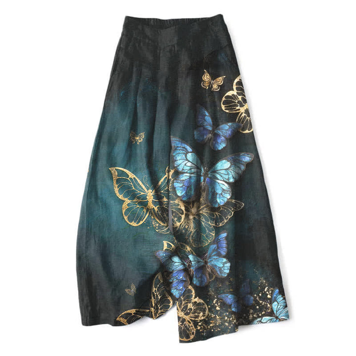 Buddha Stones Pantalon large à taille élastique et poches pour femme, en coton et lin, motif papillon - Noir - US16，UK/AU20，EU48 (3XL) - image 0