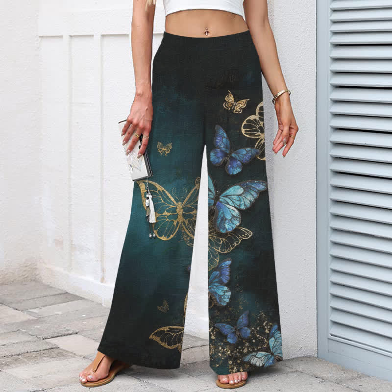 Buddha Stones Pantalon large à taille élastique et poches pour femme, en coton et lin, motif papillon - image 1