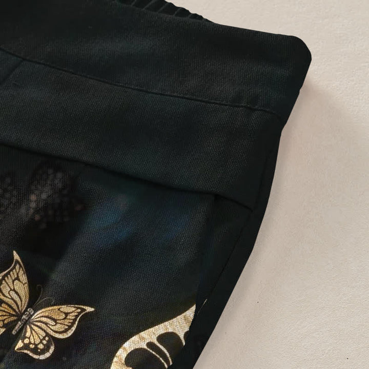 Buddha Stones Pantalon large à taille élastique et poches pour femme, en coton et lin, motif papillon - image 3