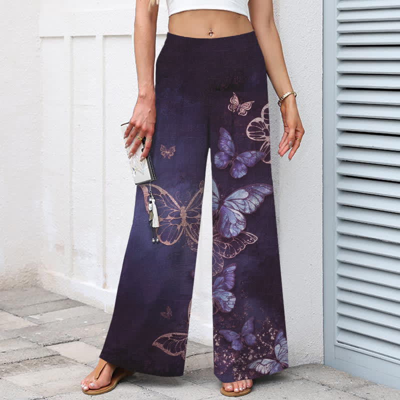 Buddha Stones Pantalon large à taille élastique et poches pour femme, en coton et lin, motif papillon - image 6