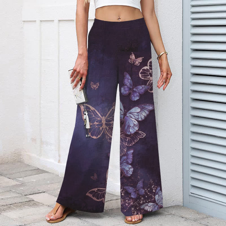 Buddha Stones Pantalon large à taille élastique et poches pour femme, en coton et lin, motif papillon - image 6