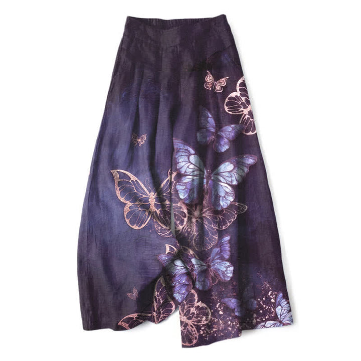 Buddha Stones Pantalon large à taille élastique et poches pour femme, en coton et lin, motif papillon - Indigo - US16，UK/AU20，EU48 (3XL) - image 5